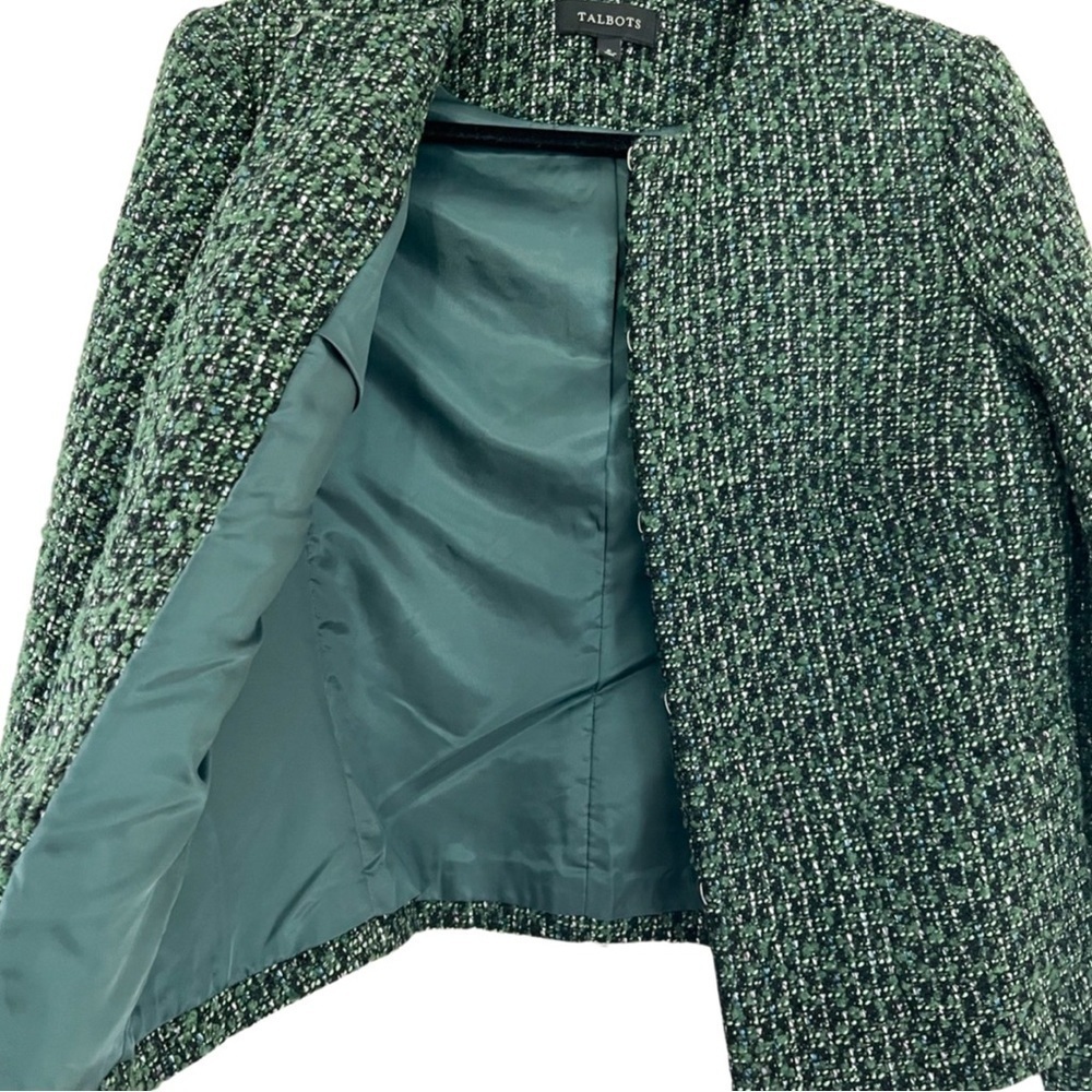 TALBOTS Collarless Long Sleeve Tweed Blazer Jacket Green Sz 6 - Picture 5 of 8